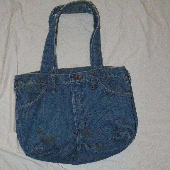 Vintage Wrangler No Fault Jean Denim Shoulder Bag Purse Handmade Tote Indie Boho - Picture 2 of 6